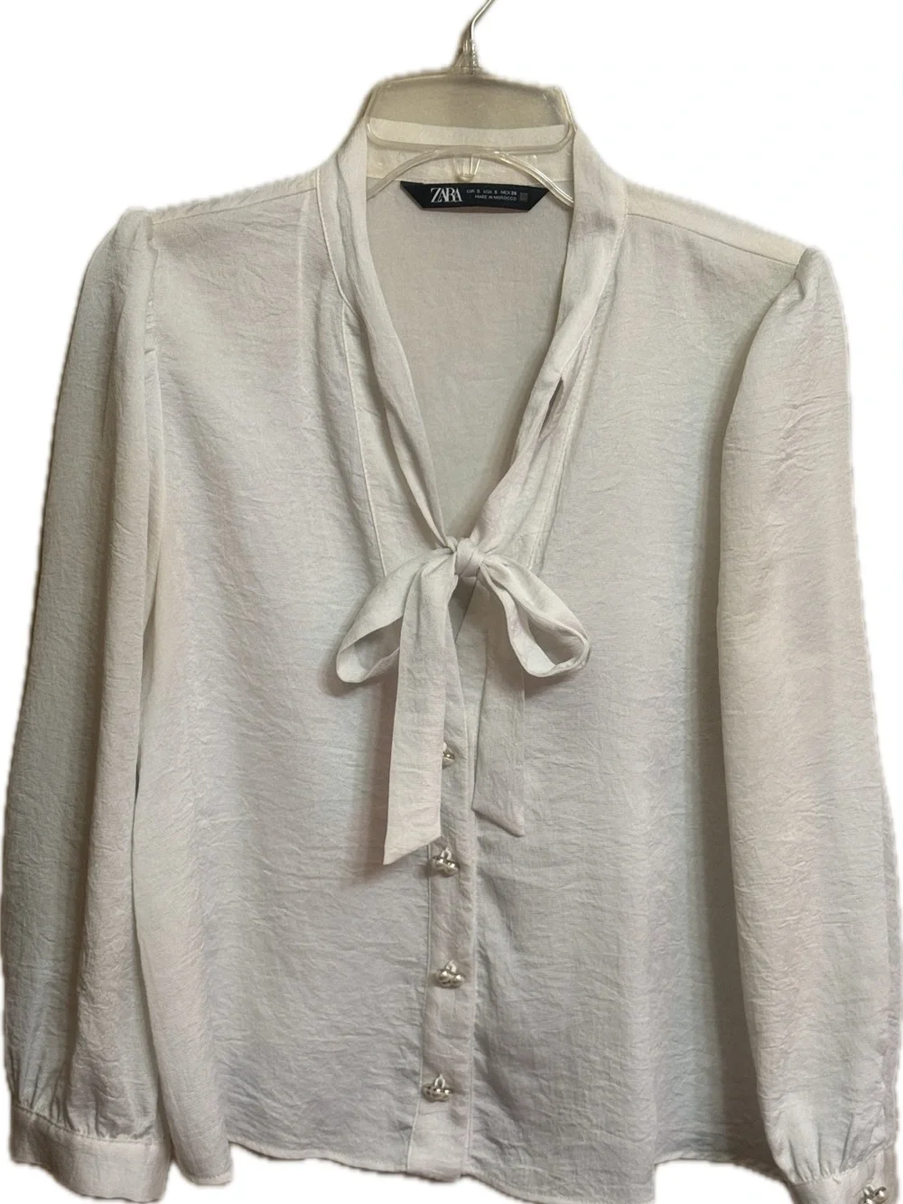 Zara Cream Tie-Neck Blouse with Pearl Buttons